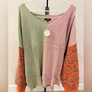 Oddi NWT Colorblock Leopard Sleeve Sweater 2XL/3XL Oversized Plus Size Boho Knit